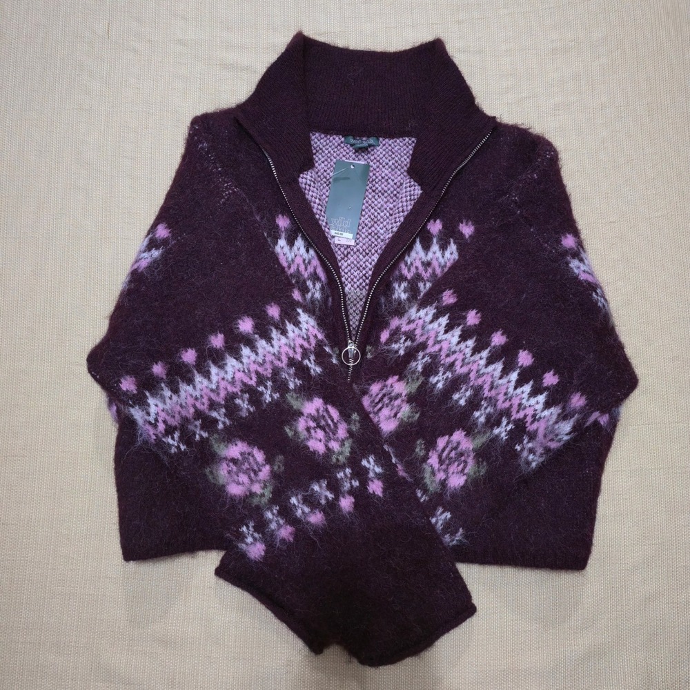 Wild Fable Womens Floral Fair‎ Isle Full Zip Fuzzy Cropped Sweater Plum Pink Med